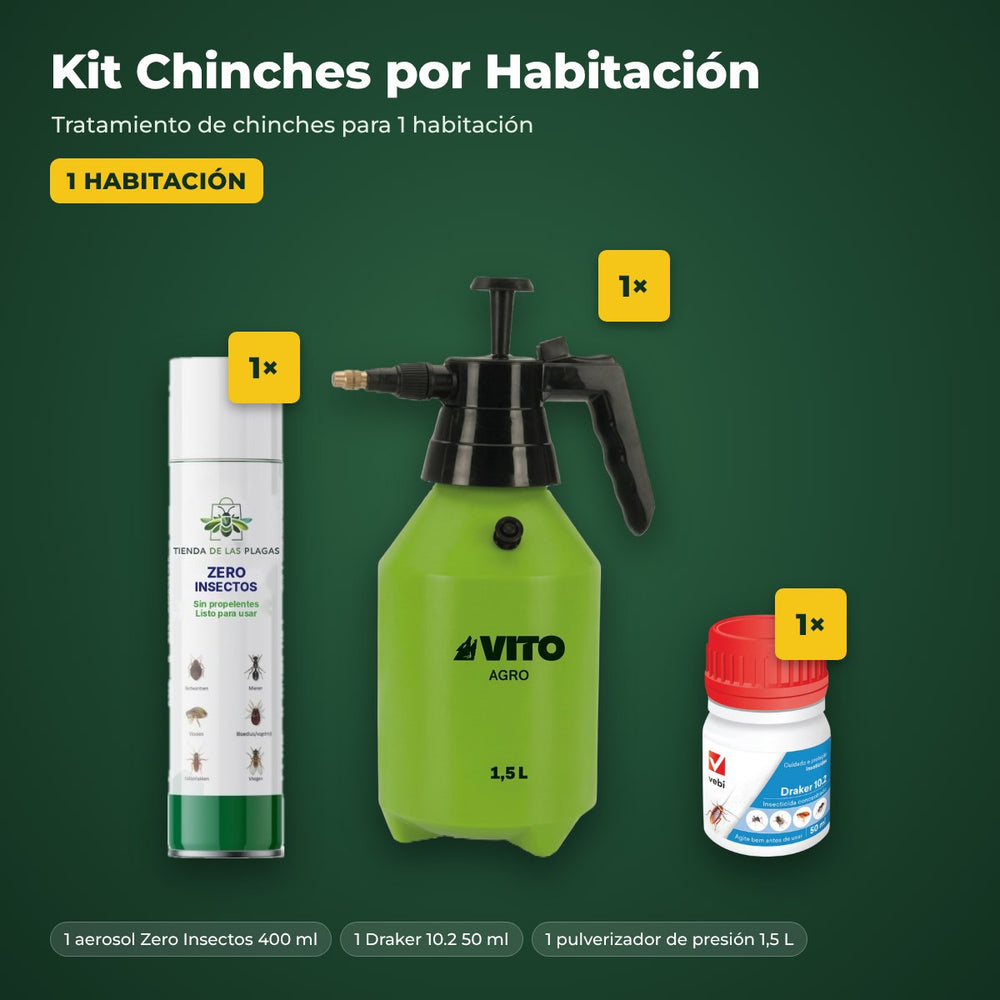 Kit Chinches por Habitación, 1 habitación: 1 aerosol Zero Insectos 400 ml, 1 Draker 10.2 50 ml y 1 pulverizador 1,5 L