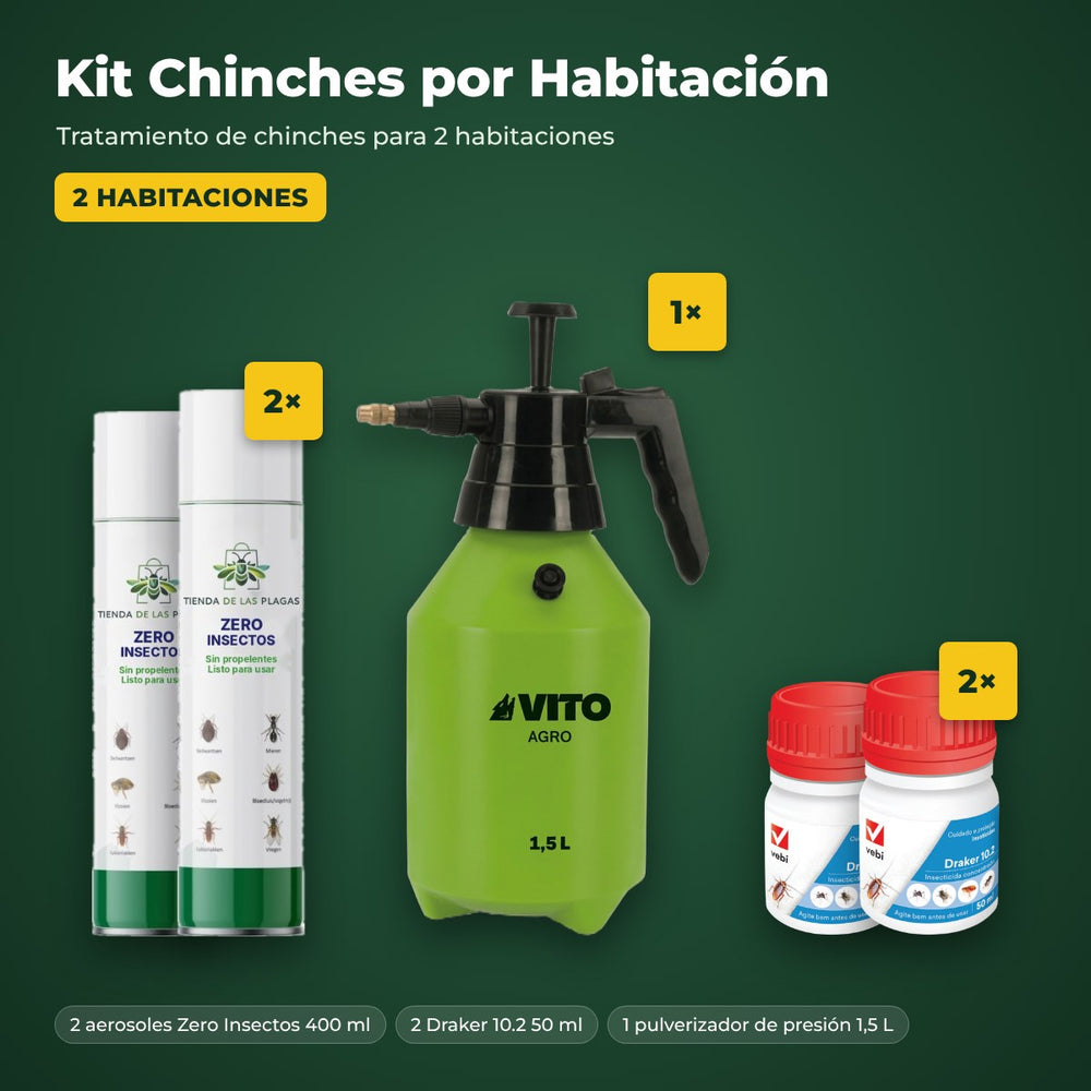 Kit Chinches por Habitación, 2 habitaciones: 2 aerosoles Zero Insectos 400 ml, 2 Draker 10.2 50 ml y 1 pulverizador 1,5 L