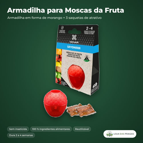 Armadilha para moscas da fruta em forma de morango, com 3 sacos de atrativo, sem inseticida