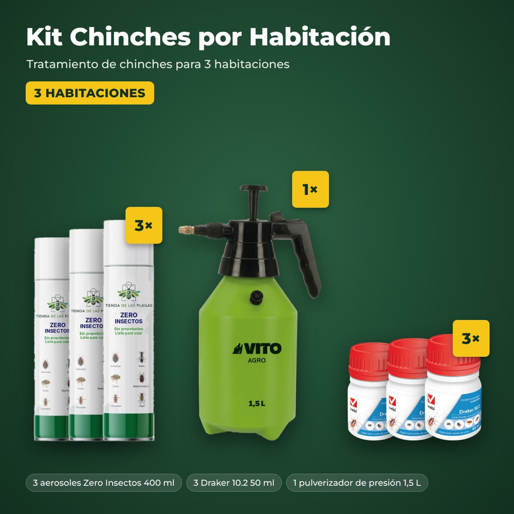 Kit Chinches por Habitación, 3 habitaciones: 3 aerosoles Zero Insectos 400 ml, 3 Draker 10.2 50 ml y 1 pulverizador 1,5 L